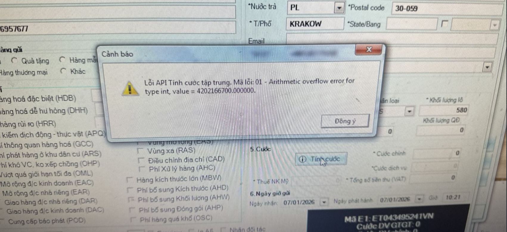 Lỗi API tính cước tập trung 