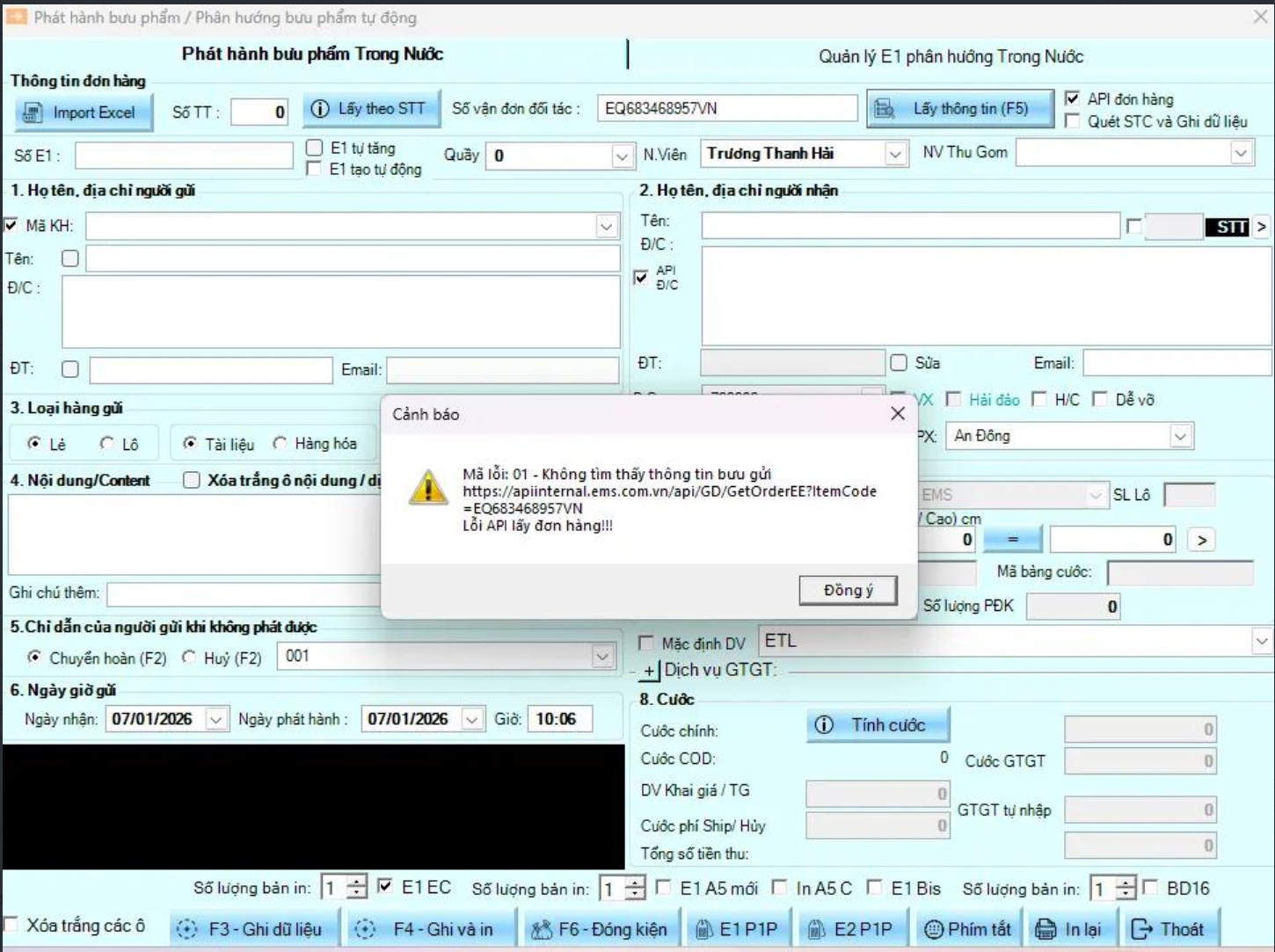 Lỗi API lấy đơn hàng trên EMSOne 